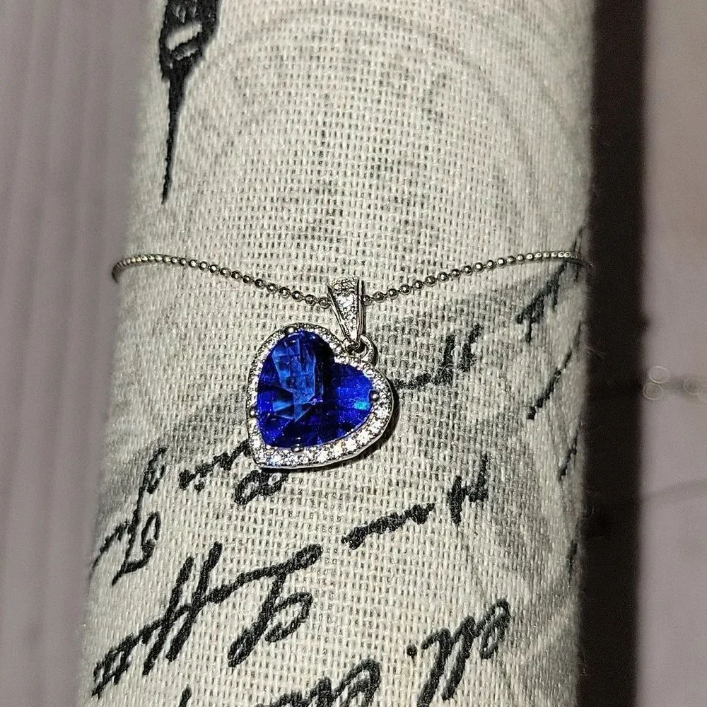 Blue Obsidian & Cubic Zirconia Platinum over 925 Silver Heart Pendant Necklace